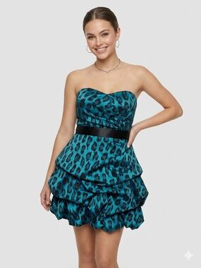 City Triangles Teal Leopard Strapless Bubble Hem Party Dress Size 5